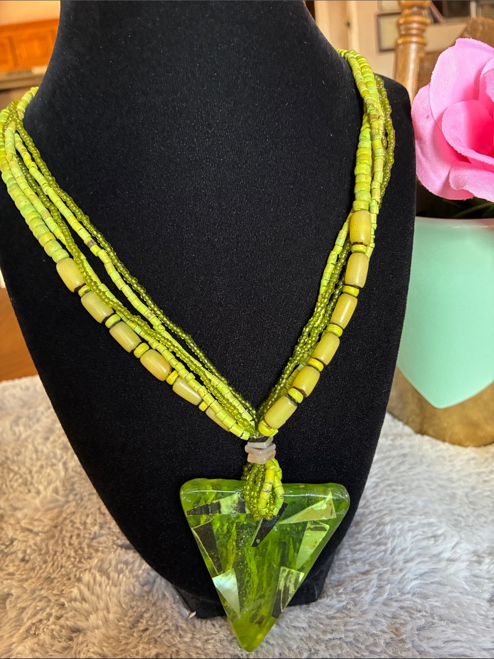Green Multi-Strand Beaded Necklace with Triangle Pendant